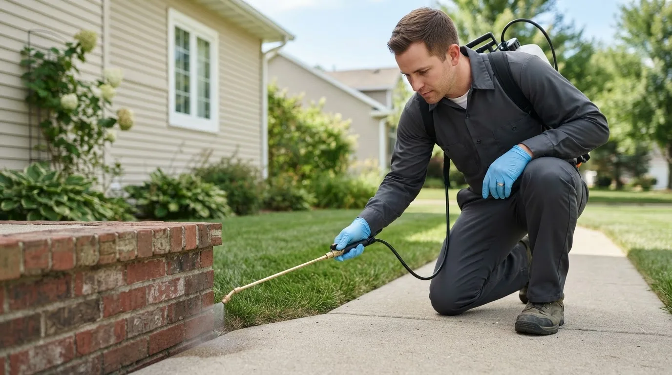 Pest control technician treating a home near Rodney, IA
