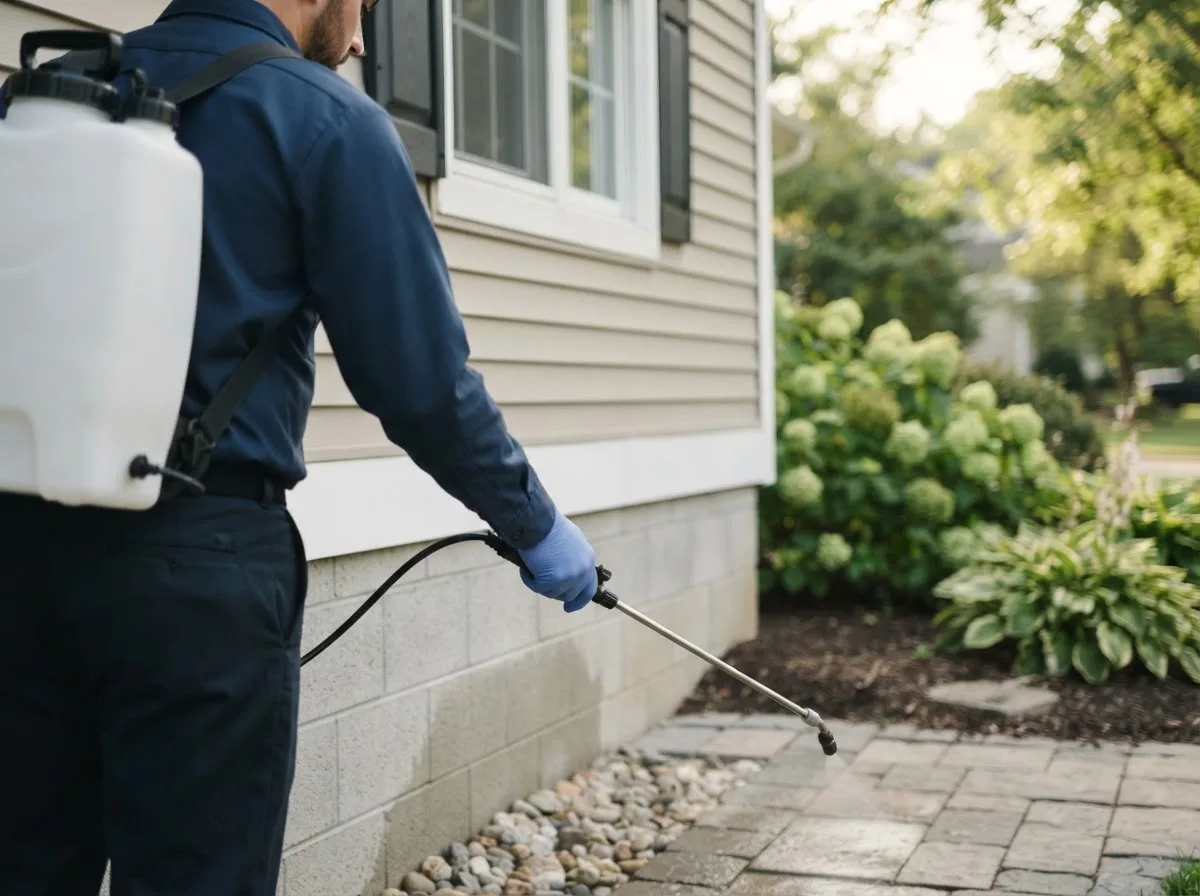 Pest control technician inspecting a home in Rodney, IA